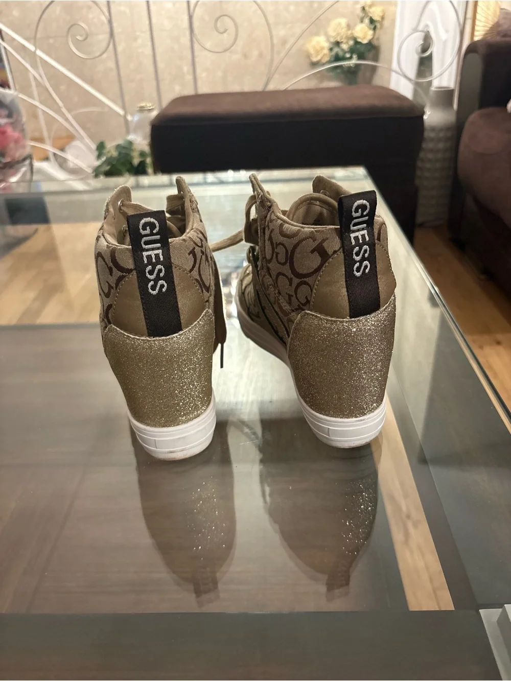 GUESS Women's Tan Logo High-Top Wedge Sneakers size 8